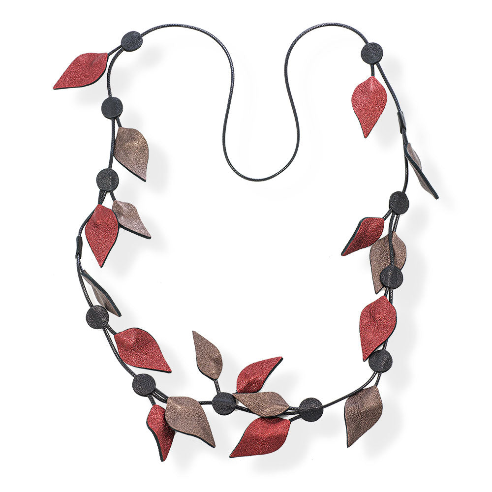 Handmade Long Leather Necklace Burgundy, Brown, Black Leaves - Anthos Crafts