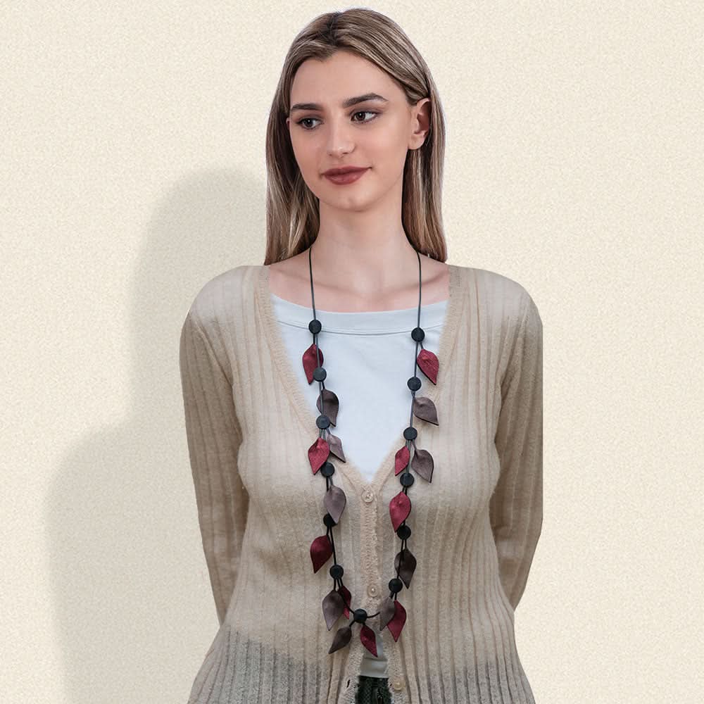 Handmade Long Leather Necklace Burgundy, Brown, Black Leaves - Anthos Crafts
