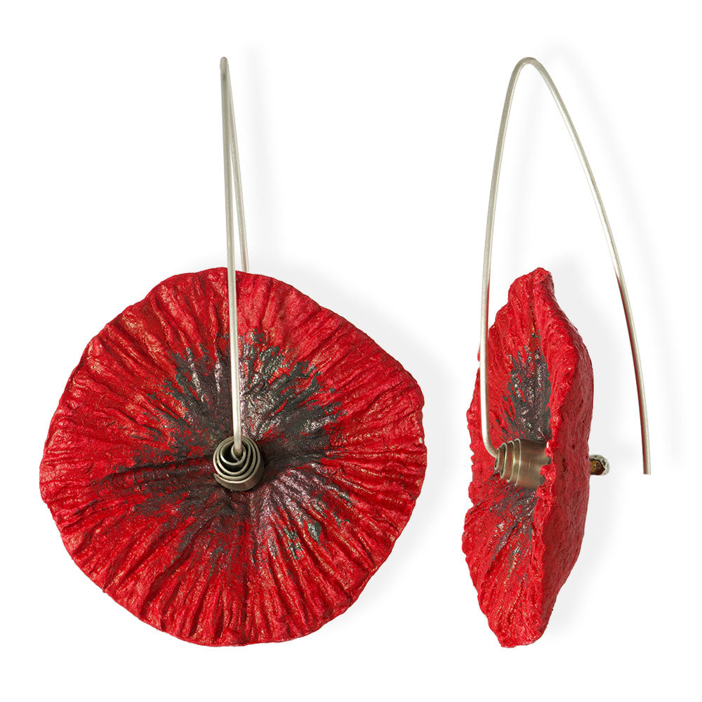 Handmade Flower Earrings Made From Papier-Mâché Red Dark Silver - Anthos Crafts