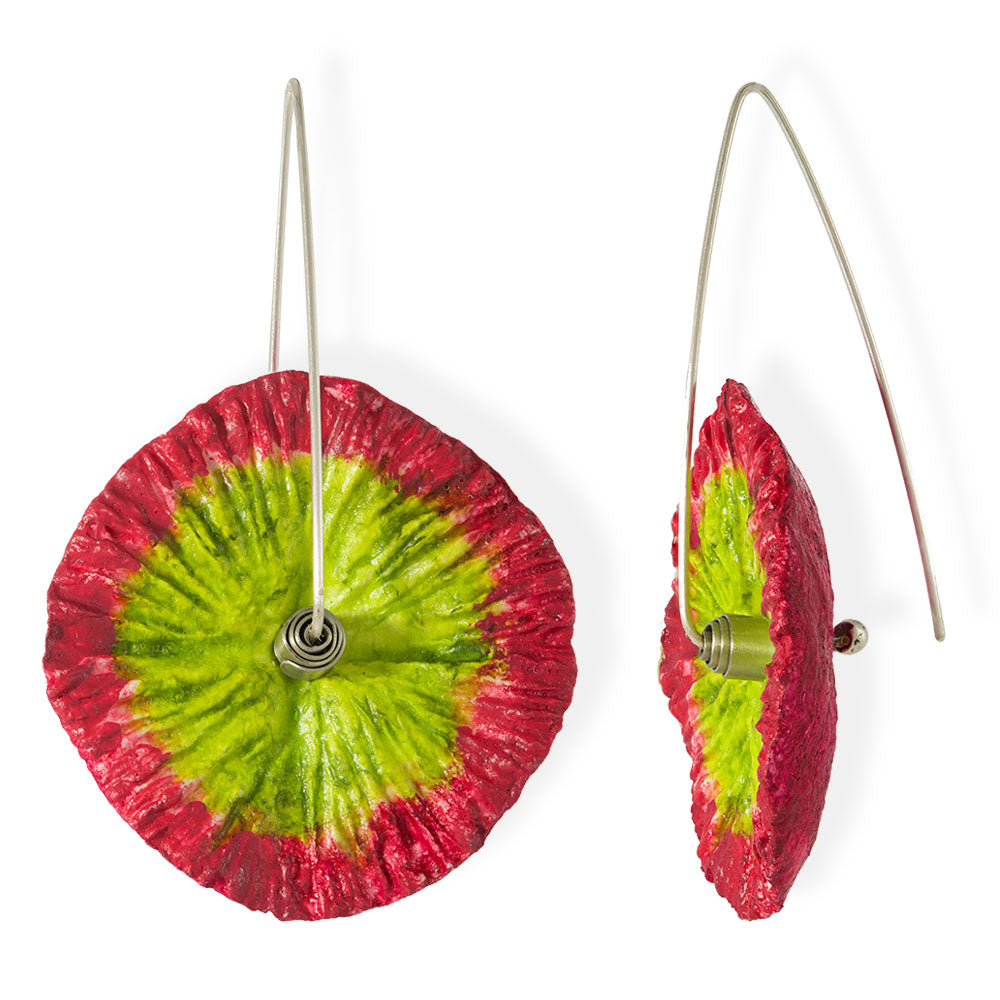 Handmade Flower Earrings Made From Papier-Mâché Magenta Green - Anthos Crafts