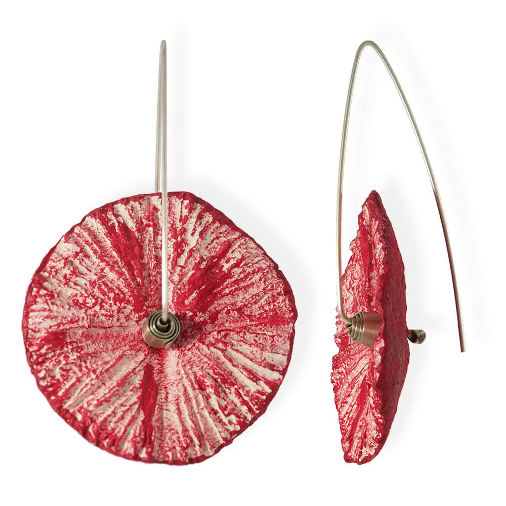 Handmade Flower Earrings Made From Papier-Mâché Magenta Ecru - Anthos Crafts