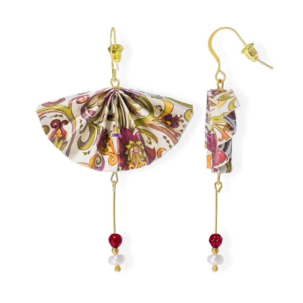 Origami Earrings Ecru Green Fans With Freshwater Pearls - Anthos Crafts
