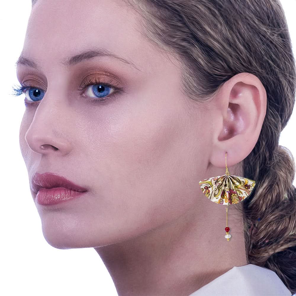 Origami Earrings Ecru Green Fans With Freshwater Pearls - Anthos Crafts