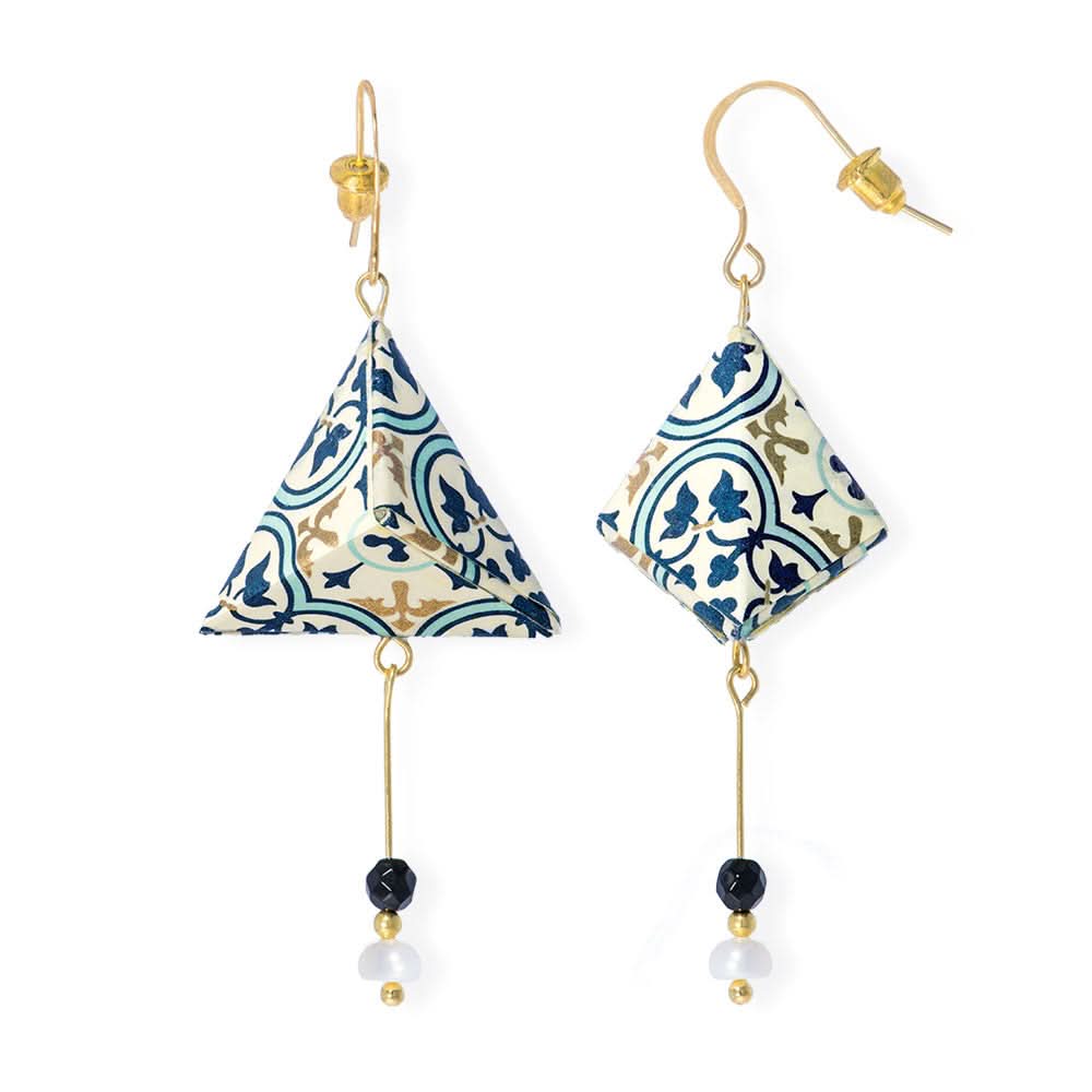 Origami Earrings Ecru Green Floating Pyramids With Gemstones - Anthos Crafts