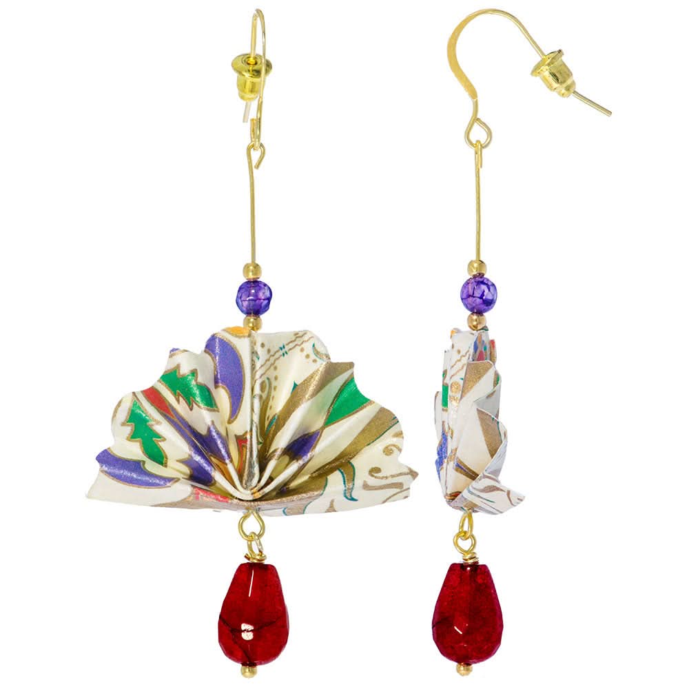 Origami Earrings Ecru Gold Small Fans With Gemstones - Anthos Crafts