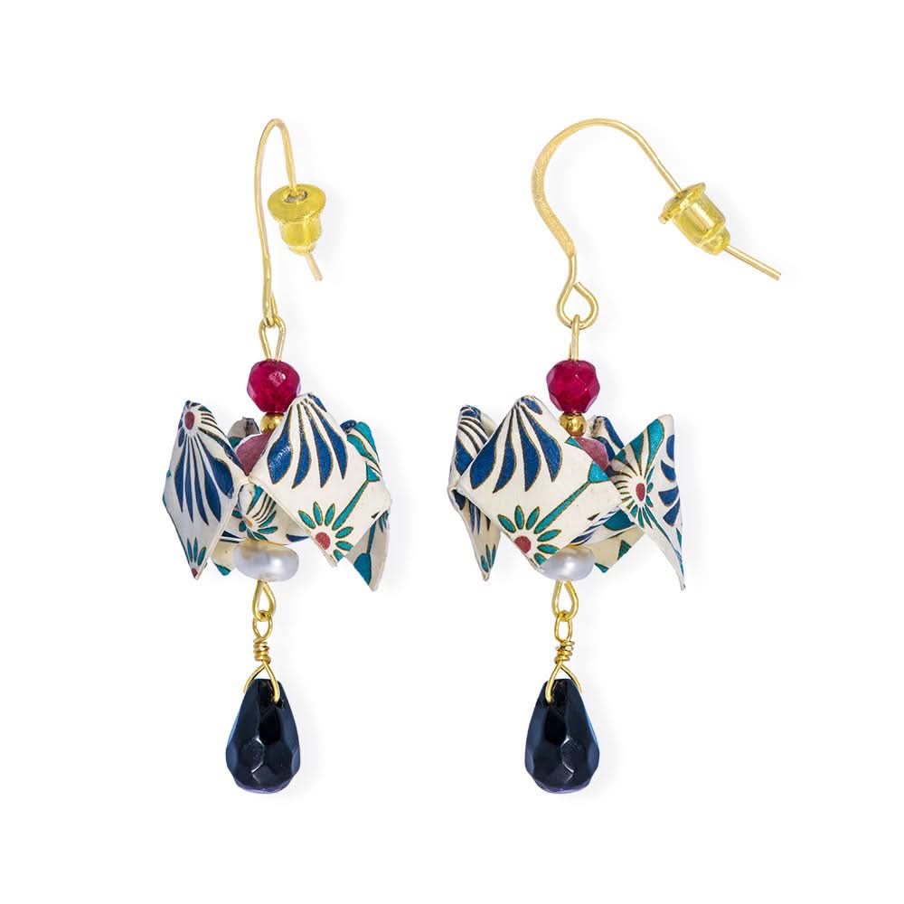 Origami Earrings Green Ecru Bell Flowers With Gemstones - Anthos Crafts