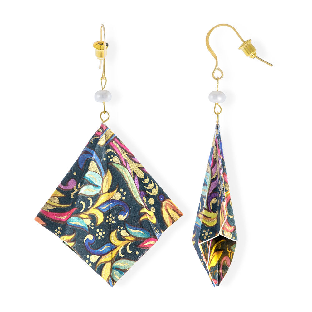 Origami Earrings Blue Gold Kimono With Gemstones - Anthos Crafts