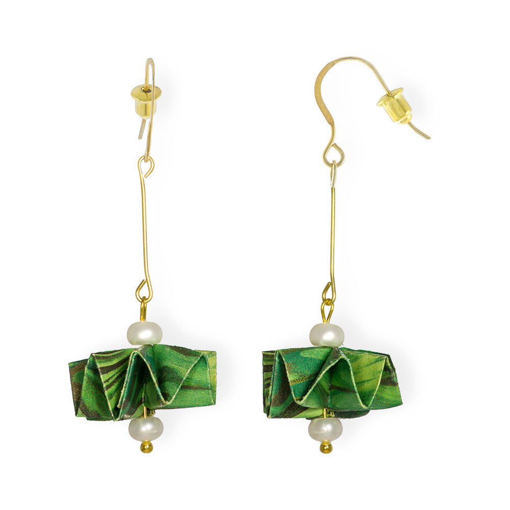 Origami Earrings Green Floating Ballerinas With Pearls - Anthos Crafts