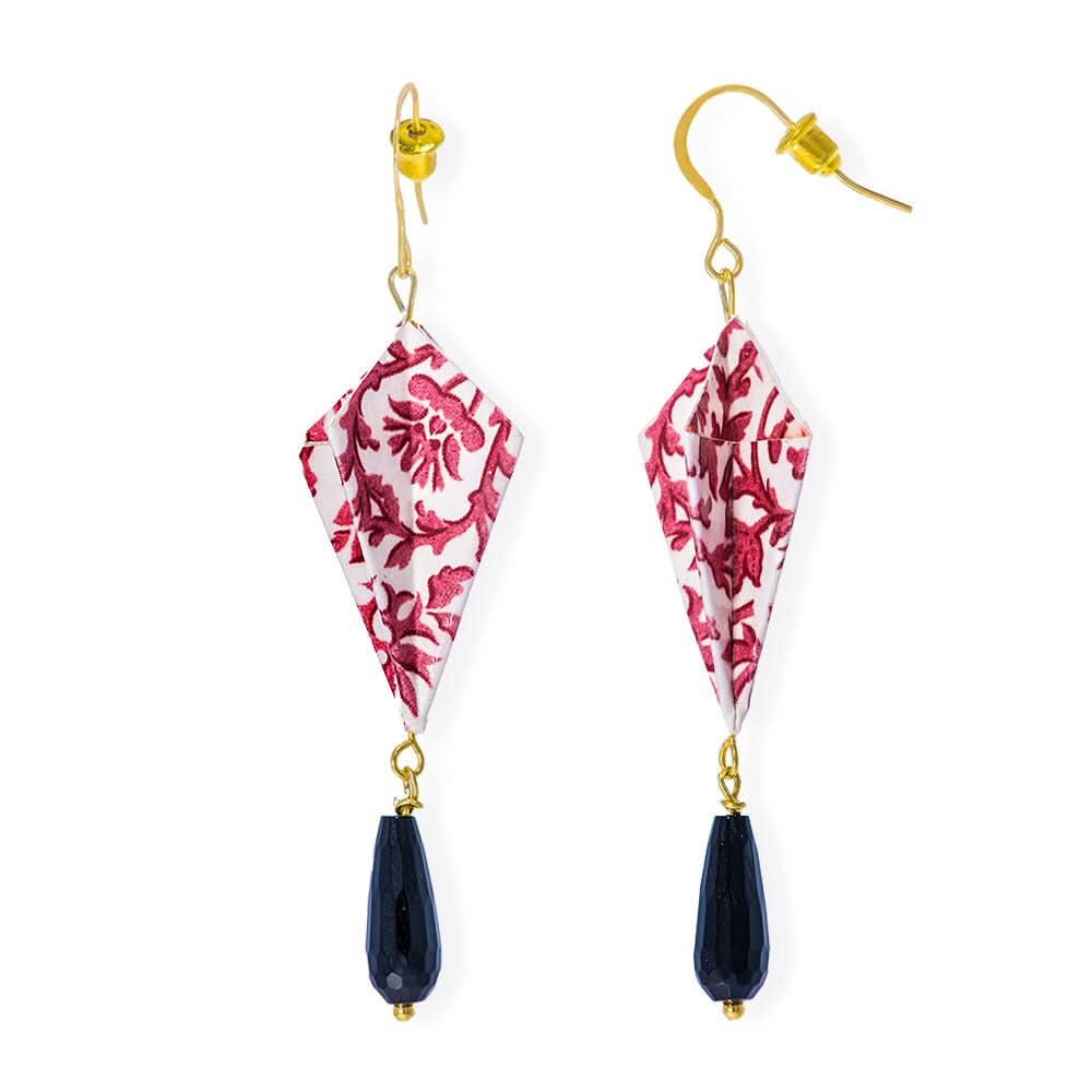 Origami Earrings Cherry Red Diamonds With Gemstones - Anthos Crafts