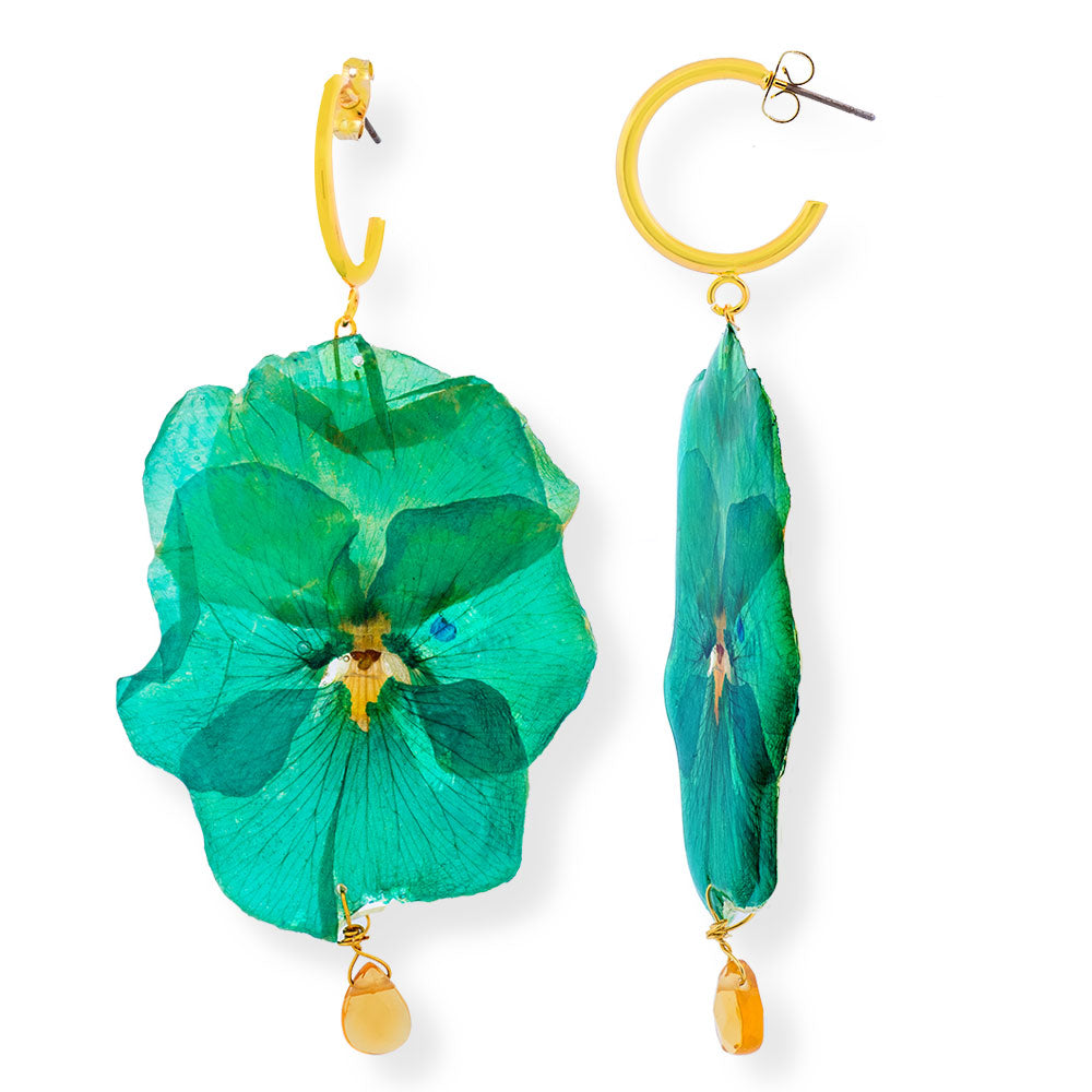 Flower Earrings Made From Green Pansies & Peridots - Anthos Crafts