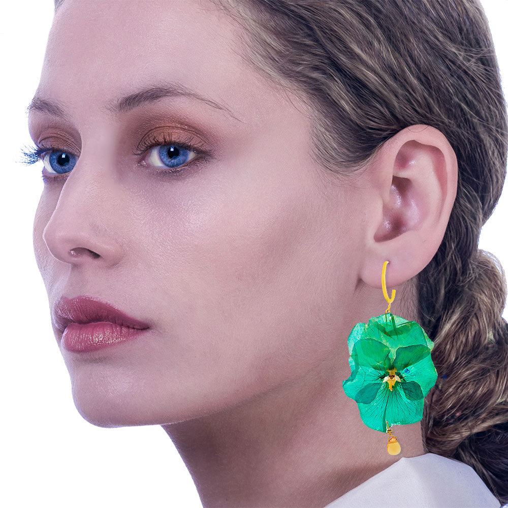 Flower Earrings Made From Green Pansies & Peridots - Anthos Crafts