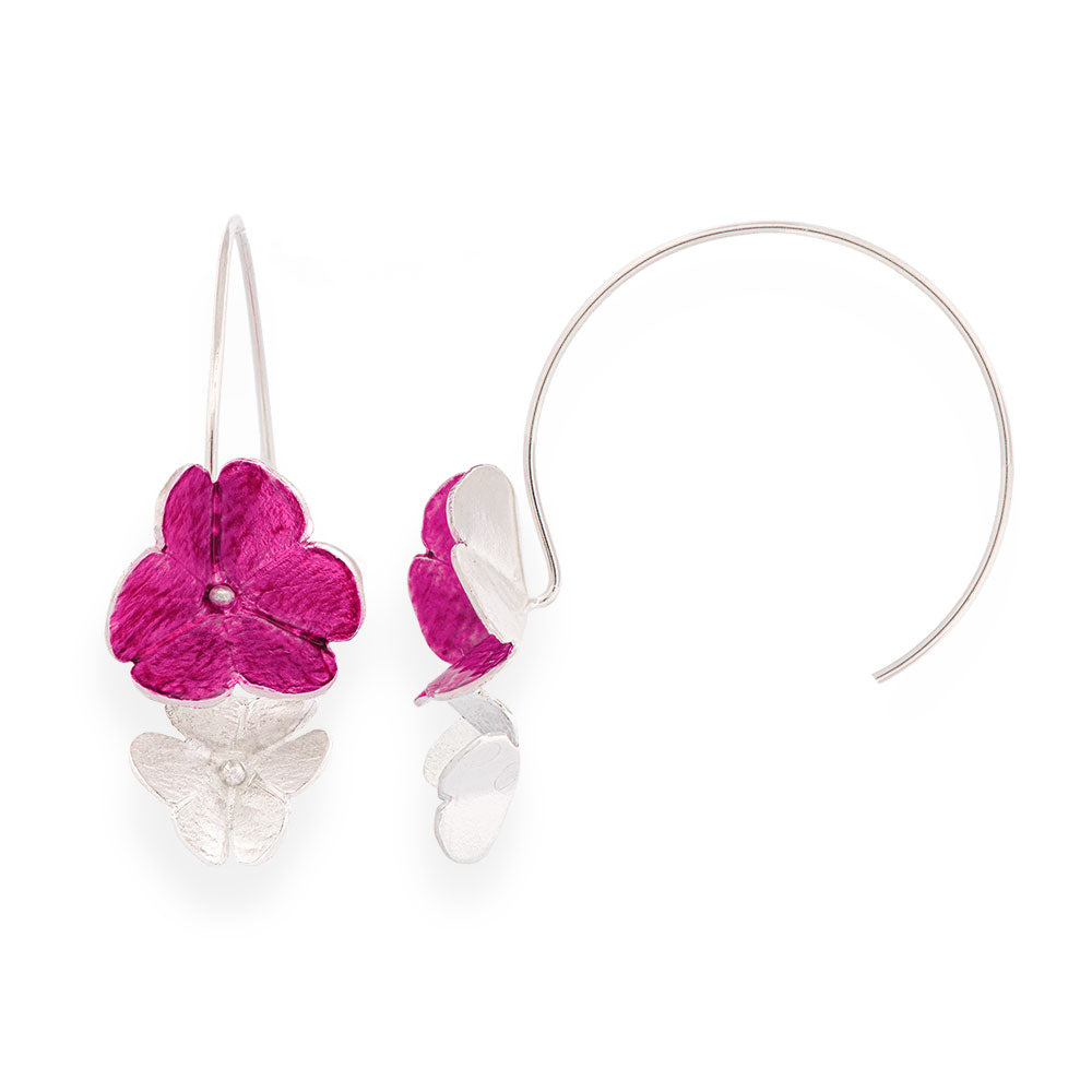 Handmade Silver Fuchsia Double Clover Flower Hoop Earrings - Anthos Crafts