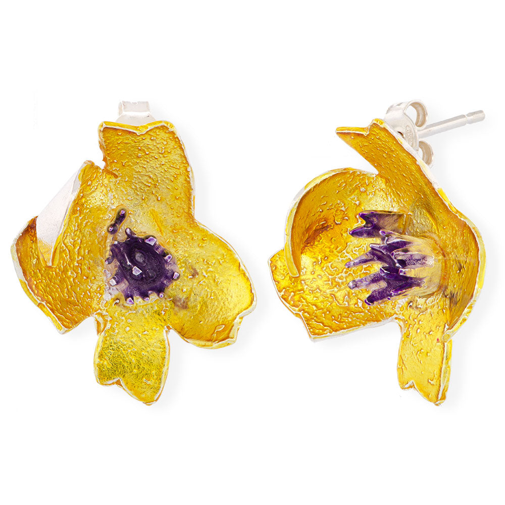 Handmade Silver Stud Earrings Yellow Winter Flowers - Anthos Crafts