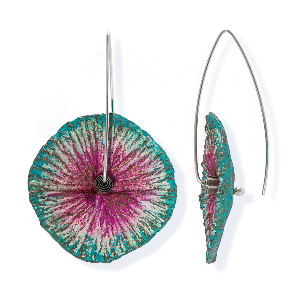 Handmade Flower Earrings Made From Papier-Mâché Turquoise Pink Patina - Anthos Crafts