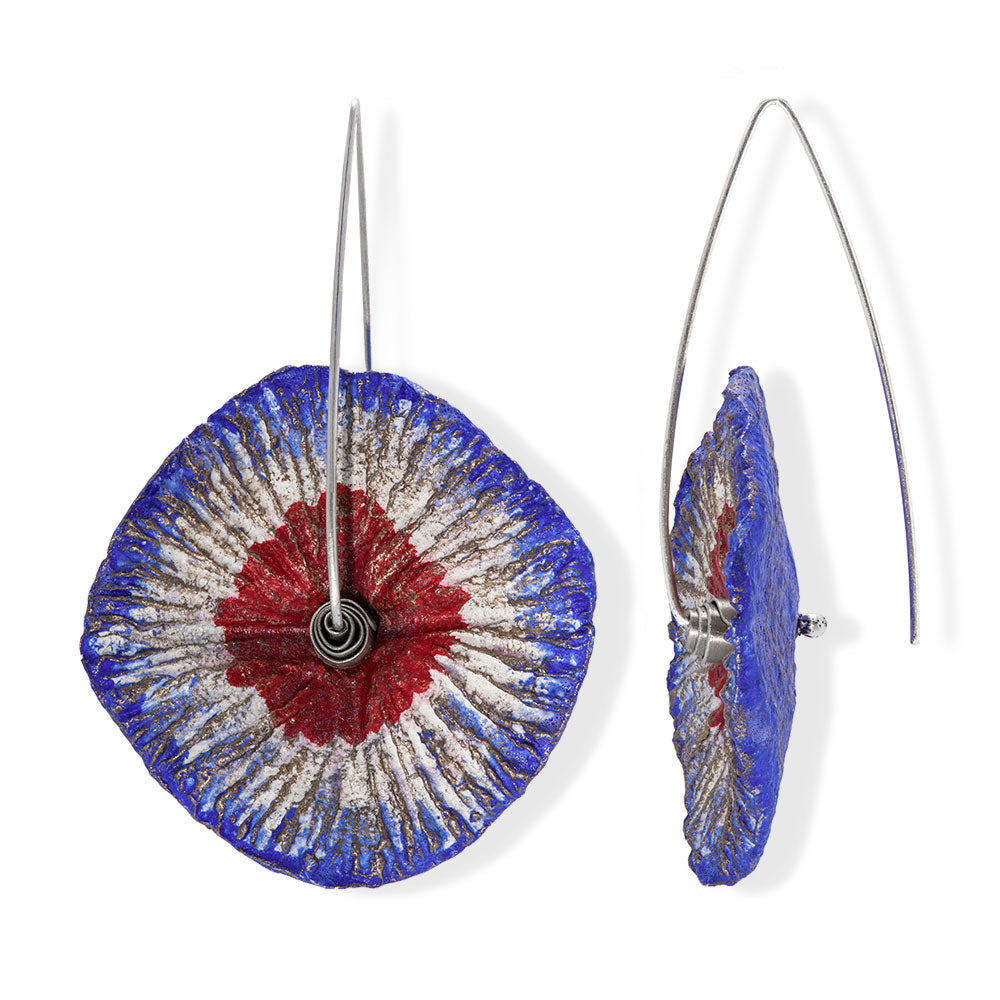 Handmade Flower Earrings Made From Papier-Mâché Navy Red Ecru Patina - Anthos Crafts