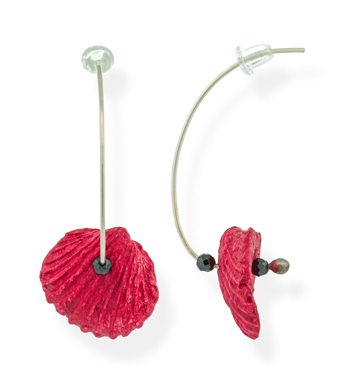 Handmade Half Hoop Earrings Shells Made From Papier-Mâché Red - Anthos Crafts