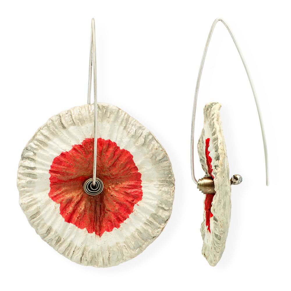 Handmade Flower Earrings Made From Papier-Mâché Red Silver White - Anthos Crafts