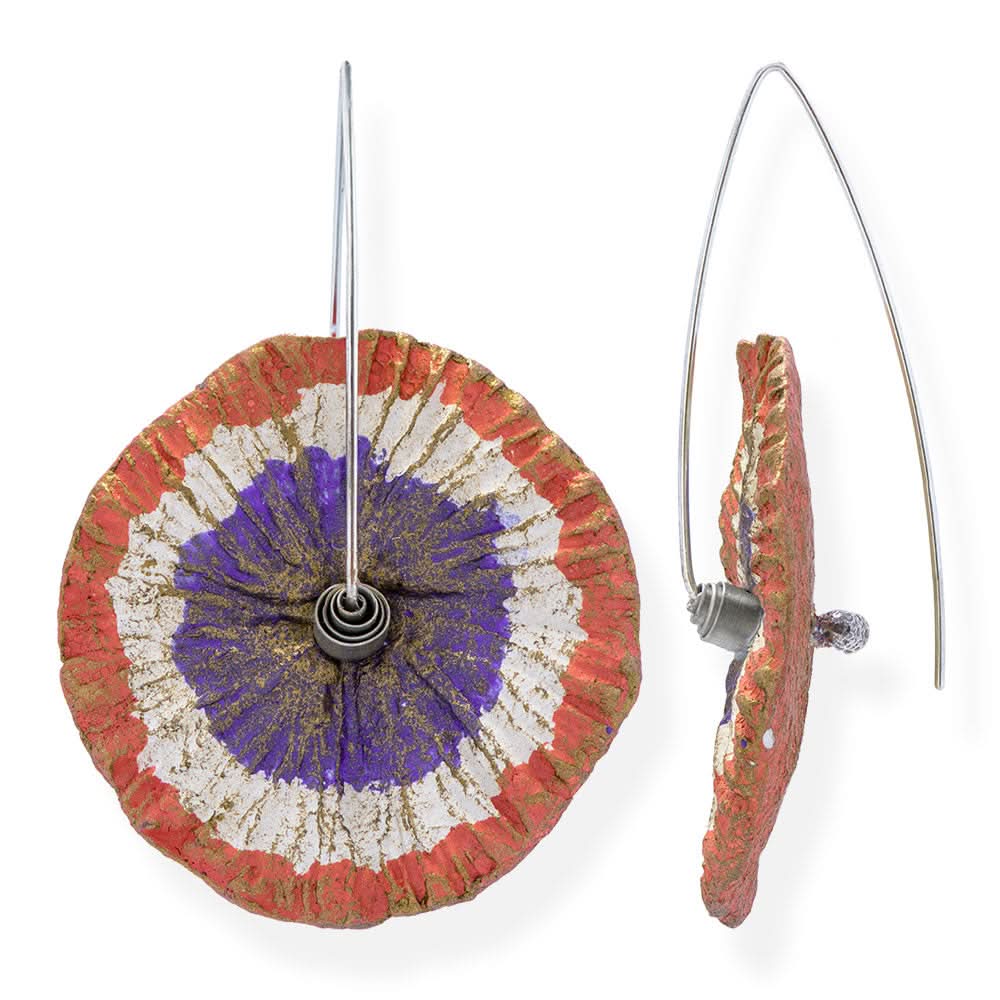 Handmade Flower Earrings Made From Papier-Mâché Coral White &amp; Purple Patina - Anthos Crafts