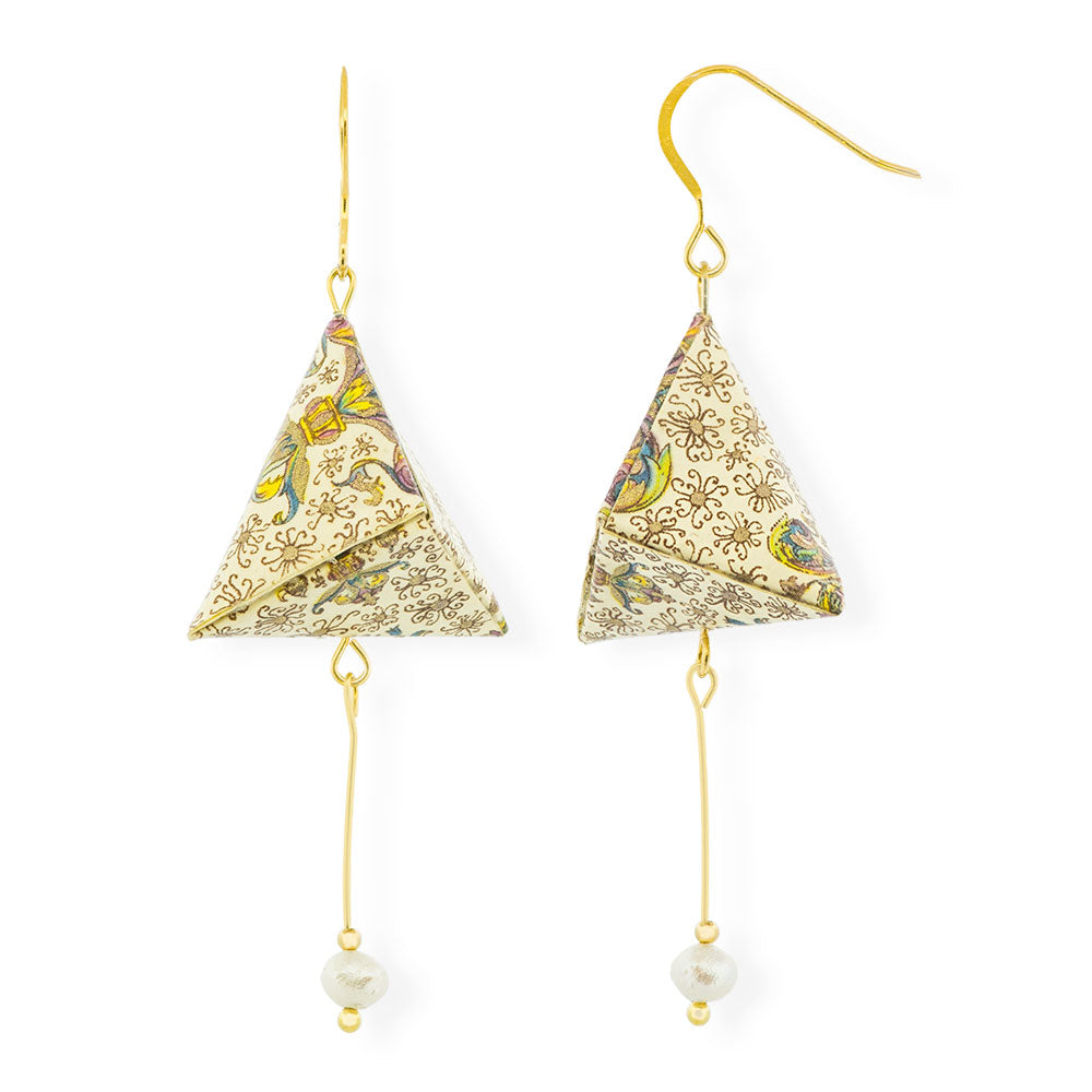 Origami Earrings Ecru Gold Floating Pyramids With Pearls - Anthos Crafts