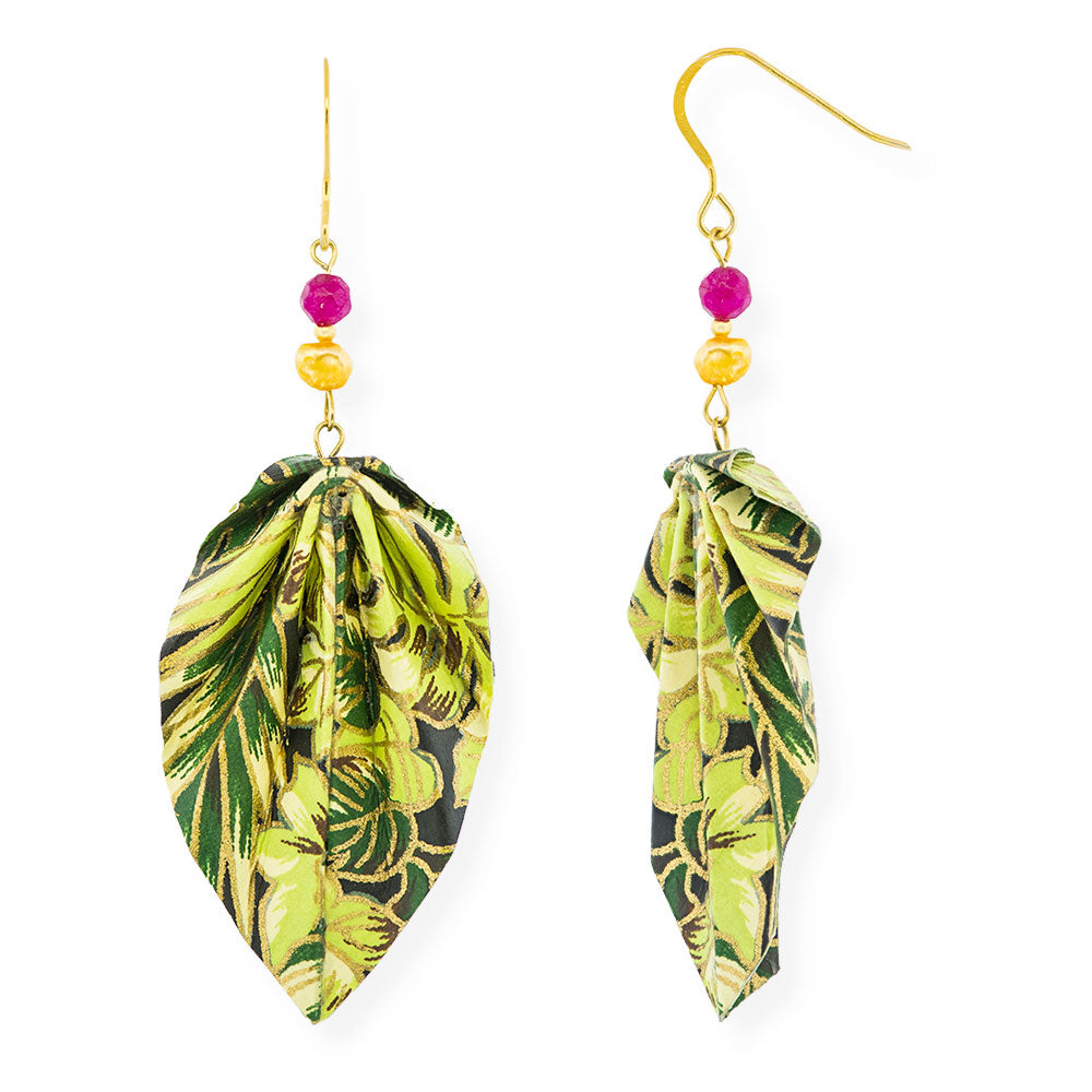 Origami Earrings Green Leaves With Gemstones - Anthos Crafts