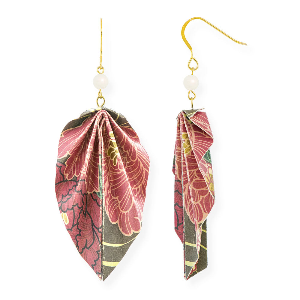 Origami Earrings Cherry Green Leaves With Pearls - Anthos Crafts