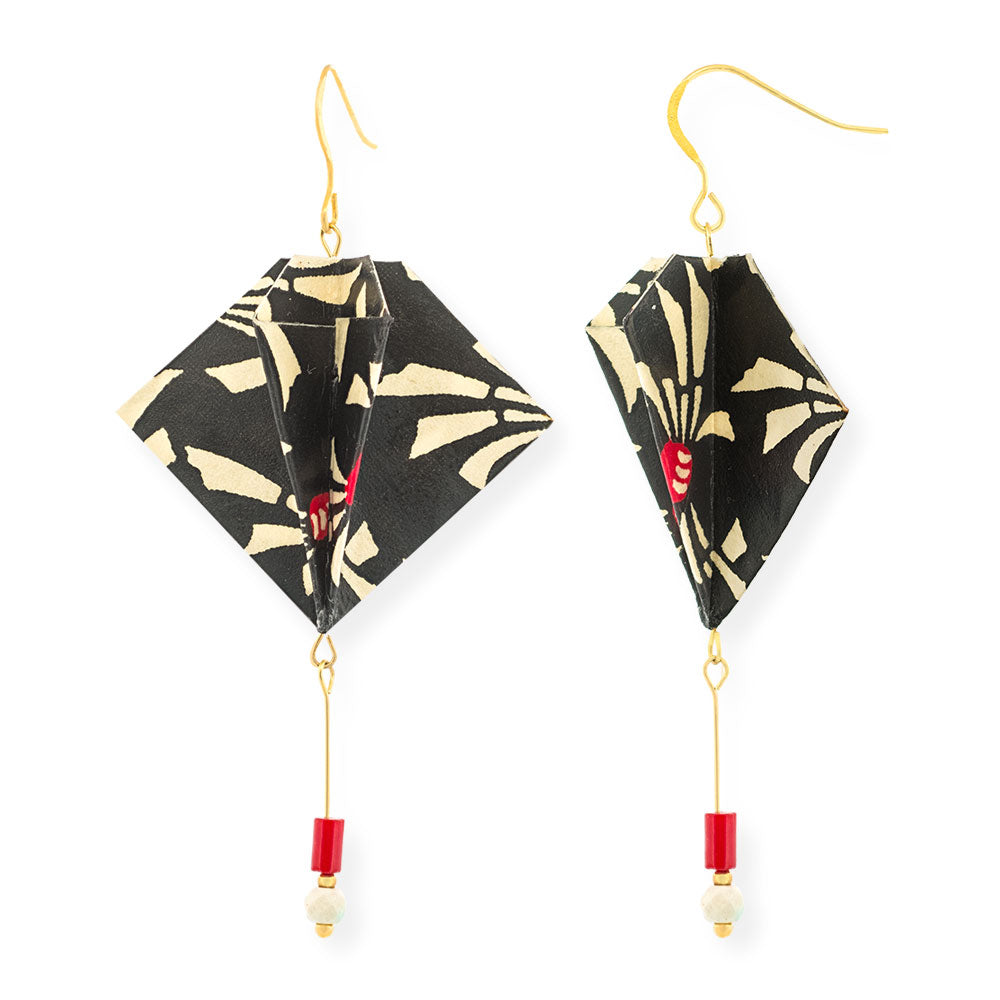 Origami Earrings Manta Rays B&W With Gemstones - Anthos Crafts