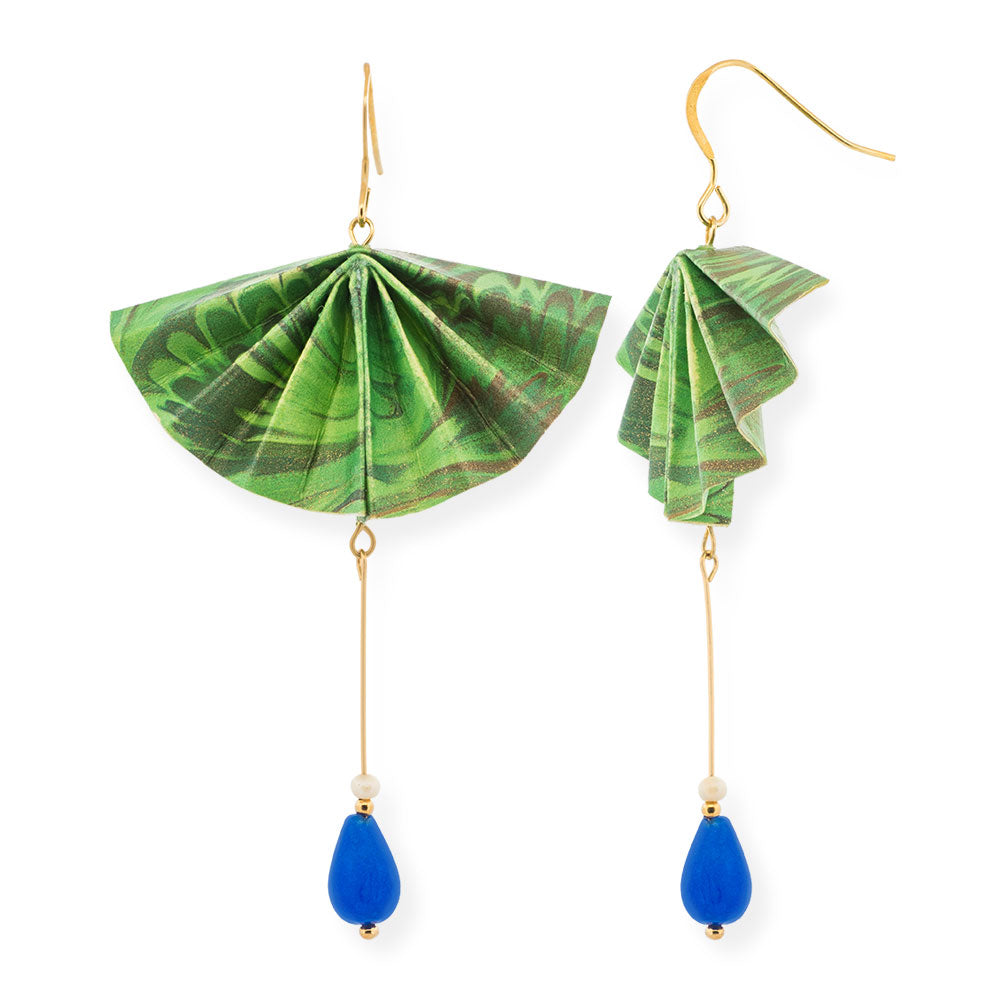 Origami Earrings Green Fans With Gemstones - Anthos Crafts