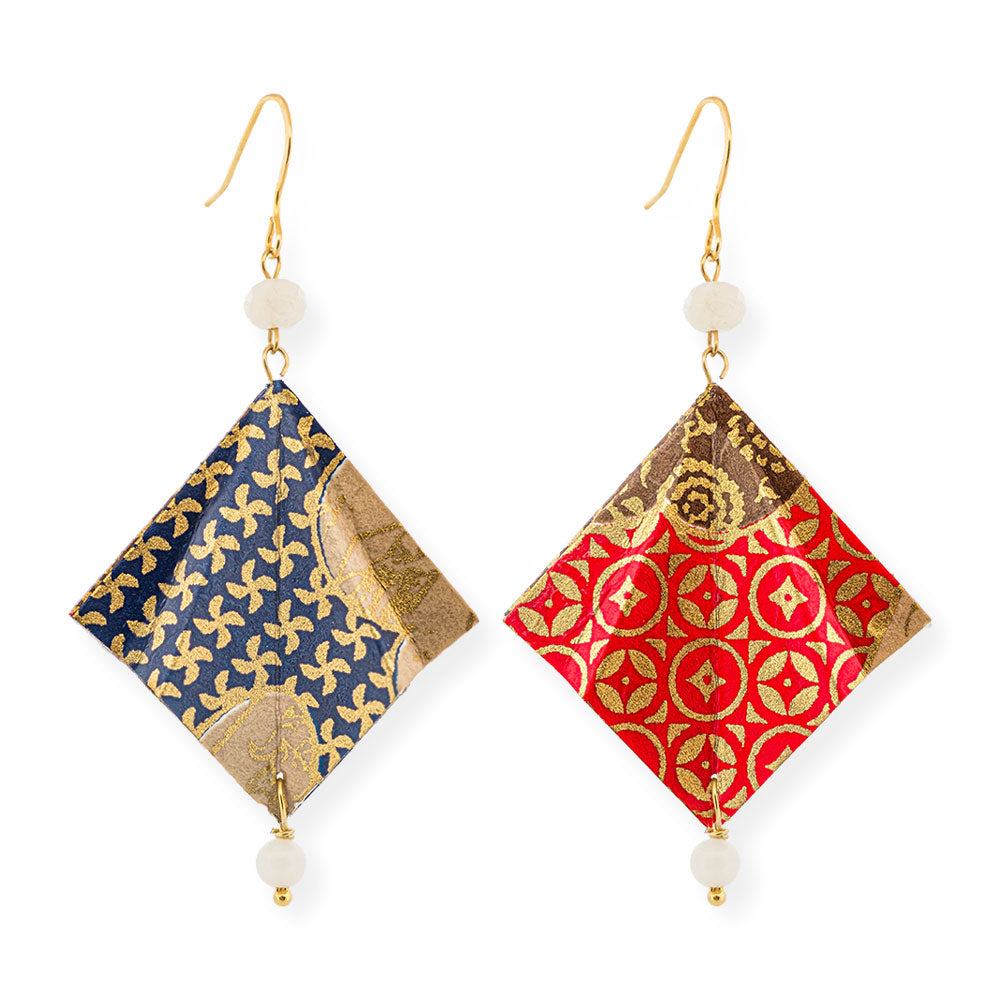 Origami Earrings Gold Blue Red Kimonos Double Design With Gemstones - Anthos Crafts