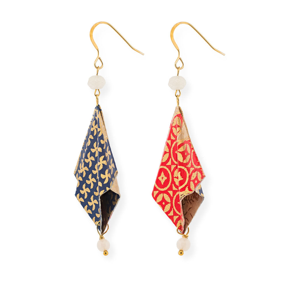 Origami Earrings Gold Blue Red Kimonos Double Design With Gemstones - Anthos Crafts