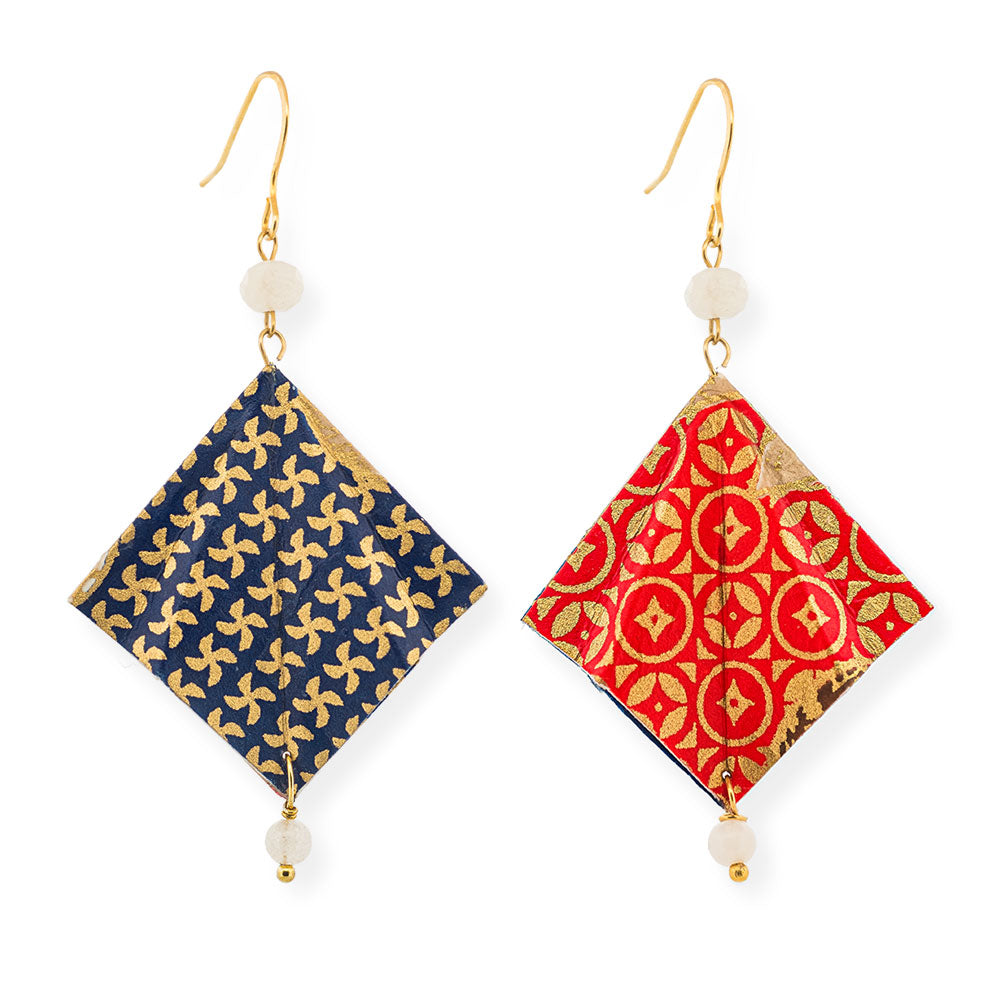 Origami Earrings Gold Blue Red Kimonos Double Design With Gemstones - Anthos Crafts