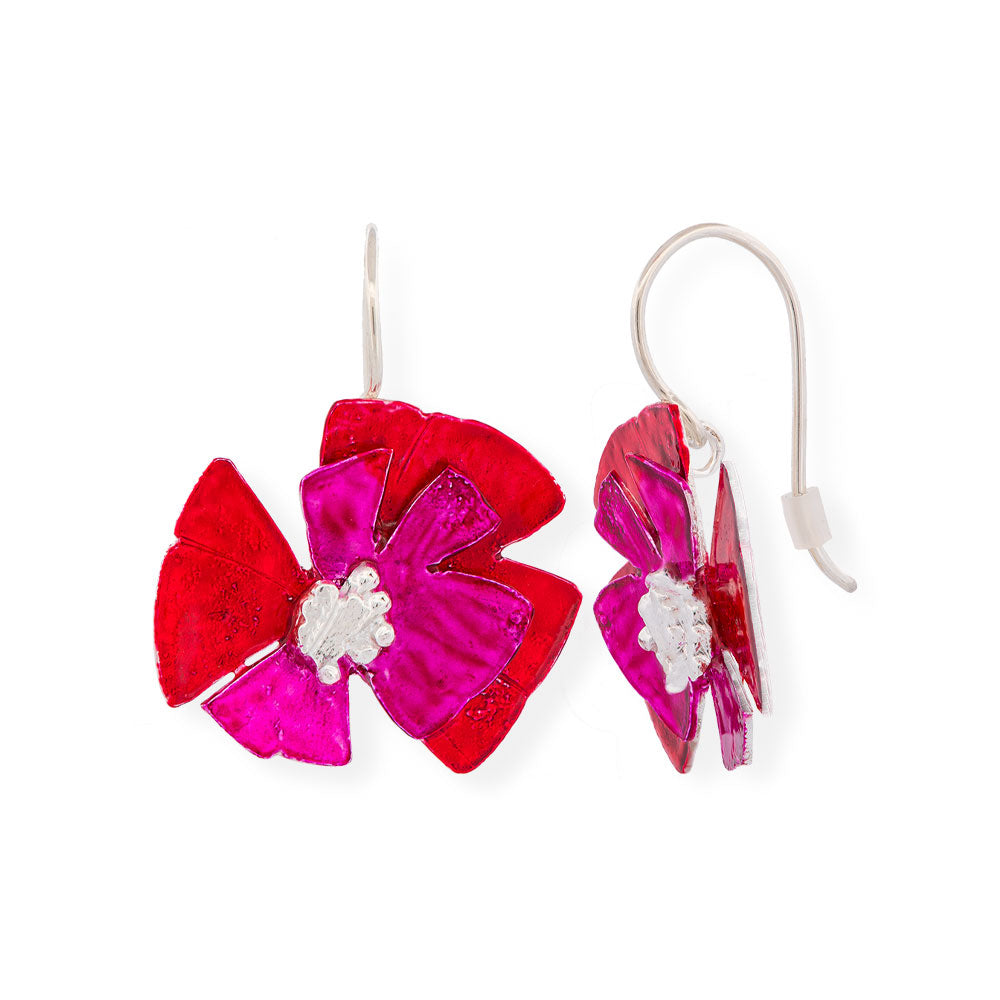 Handmade Silver Red Fuchsia Flower Dangle Earrings - Anthos Crafts