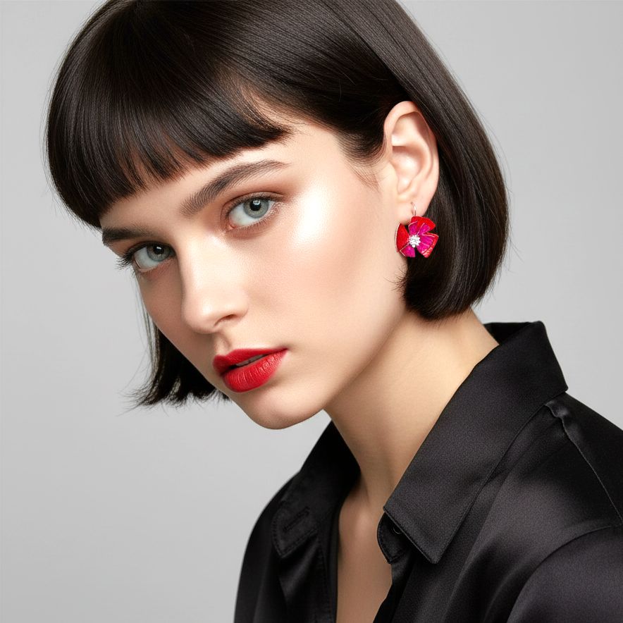 Handmade Silver Red Fuchsia Flower Dangle Earrings - Anthos Crafts