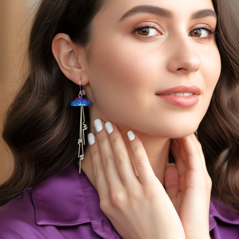 Handmade Silver Jellyfish Dangle Earrings Purple Blue - Anthos Crafts
