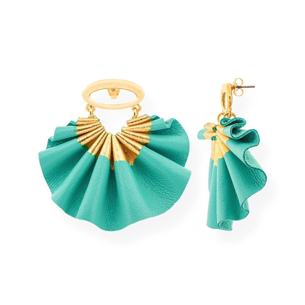 Handmade Leather Turquoise Fan Earrings Round Melody - Anthos Crafts