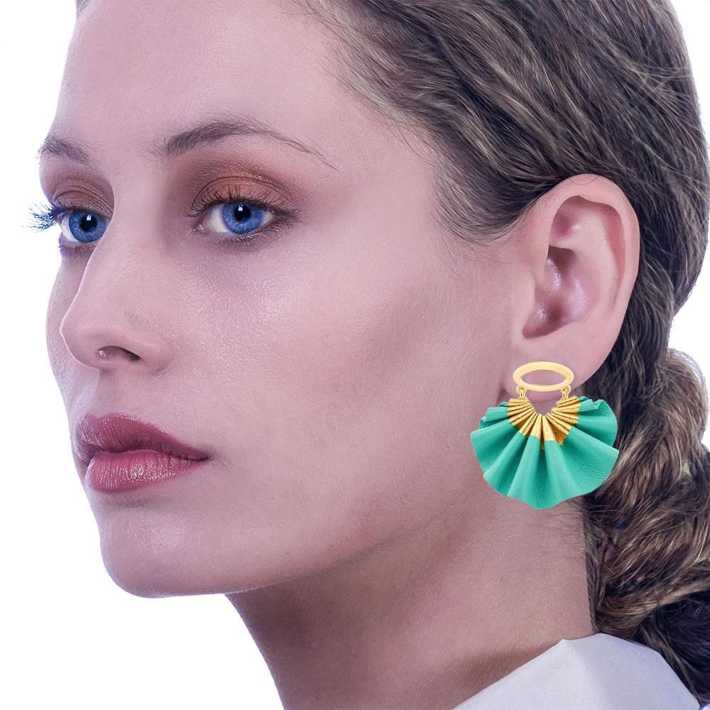 Handmade Leather Turquoise Fan Earrings Round Melody - Anthos Crafts