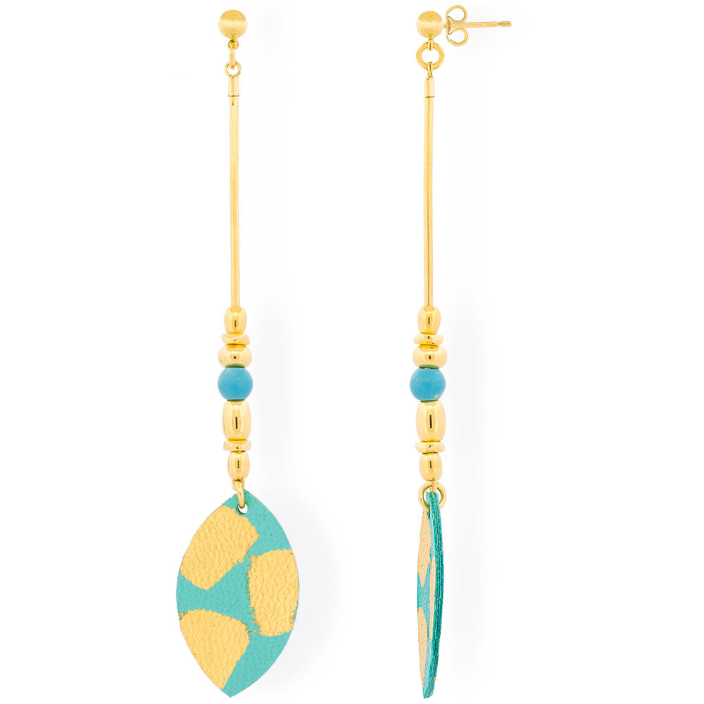 Handmade Leather Turquoise Gold Long Leaf Earrings - Anthos Crafts