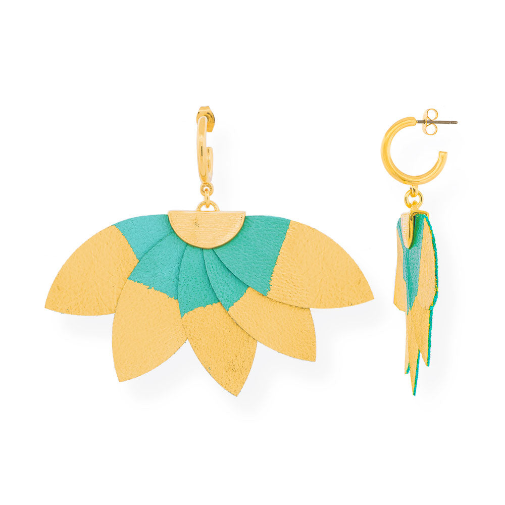 Handmade Leather Turquoise Gold Plumeria Earrings - Anthos Crafts