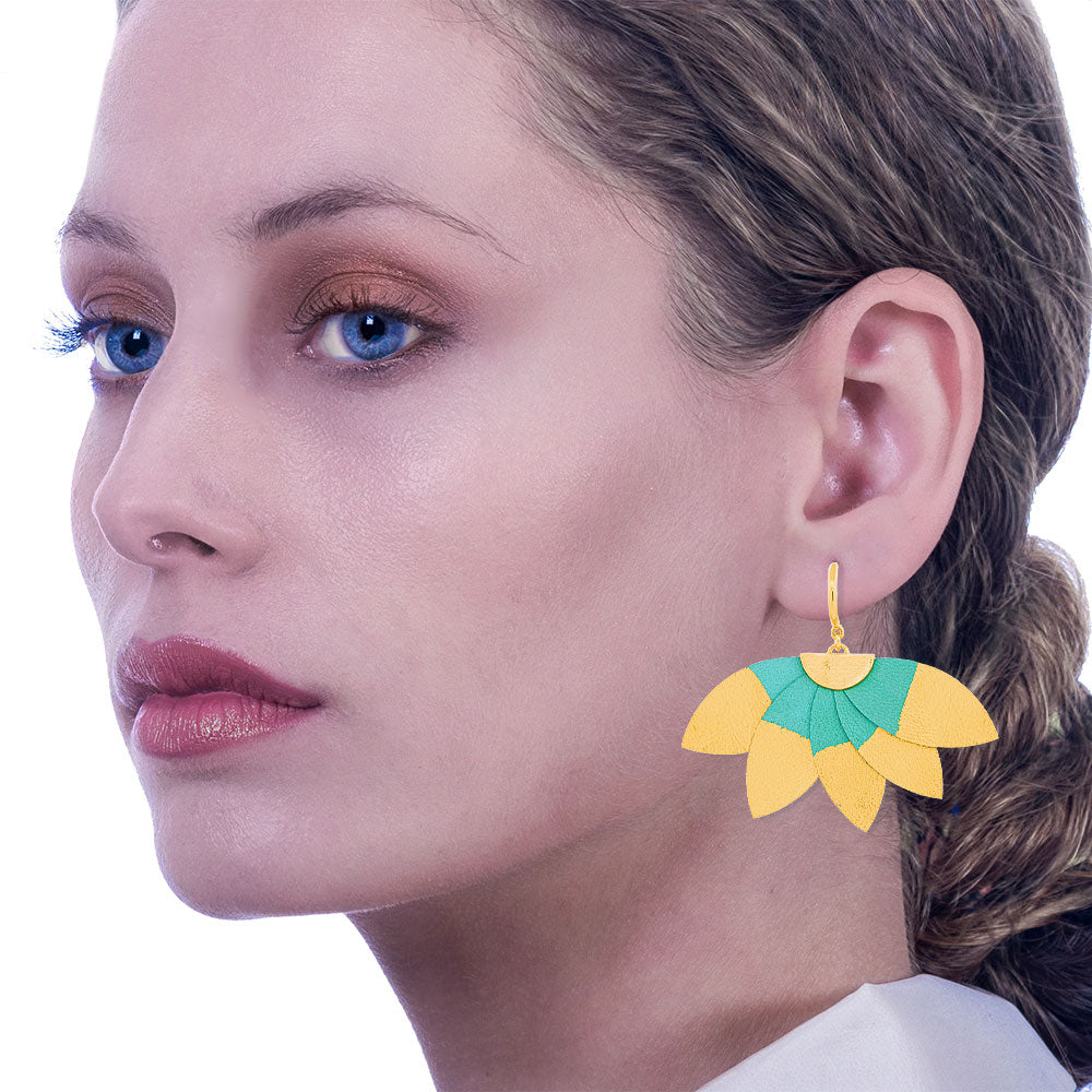 Handmade Leather Turquoise Gold Plumeria Earrings - Anthos Crafts