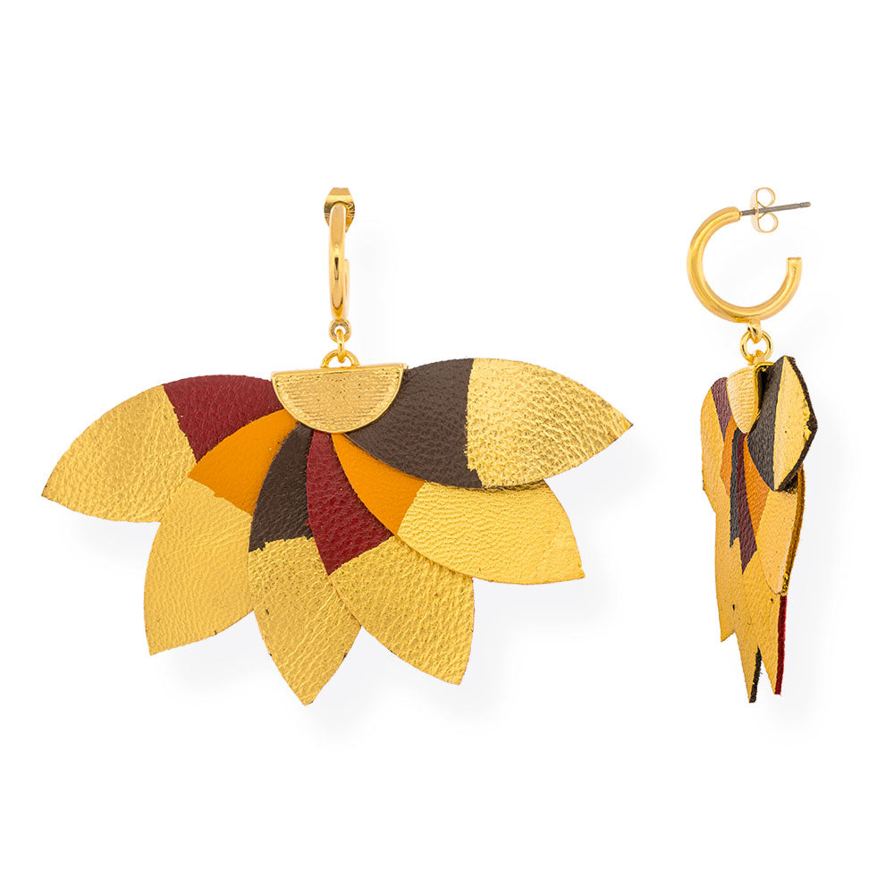 Handmade Leather Black Burgundy Chocolate Gold Plumeria Earrings - Anthos Crafts