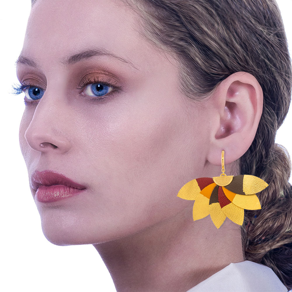 Handmade Leather Black Burgundy Chocolate Gold Plumeria Earrings - Anthos Crafts