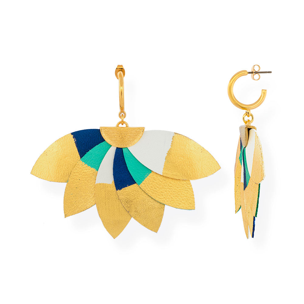 Handmade Leather Turquoise Blue White Gold Plumeria Earrings - Anthos Crafts