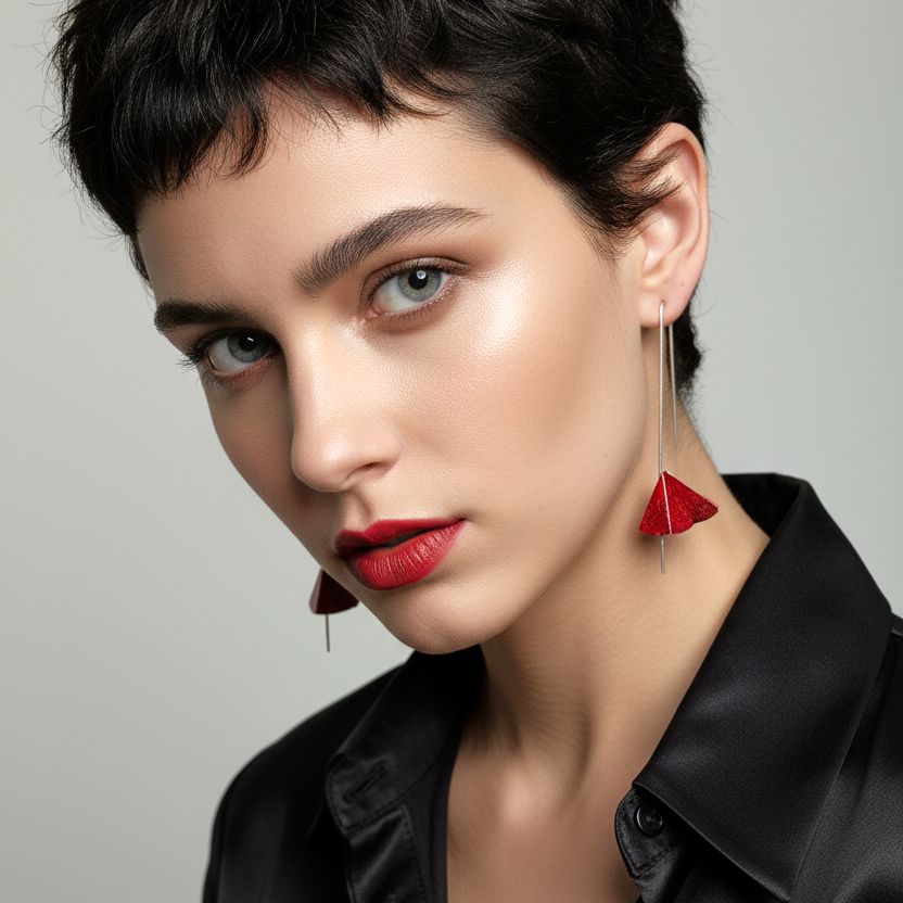 Χειροποίητα Ασημένια Κρεμαστά Σκουλαρίκια Κόκκινες Γεωμετρικές Σαΐτες