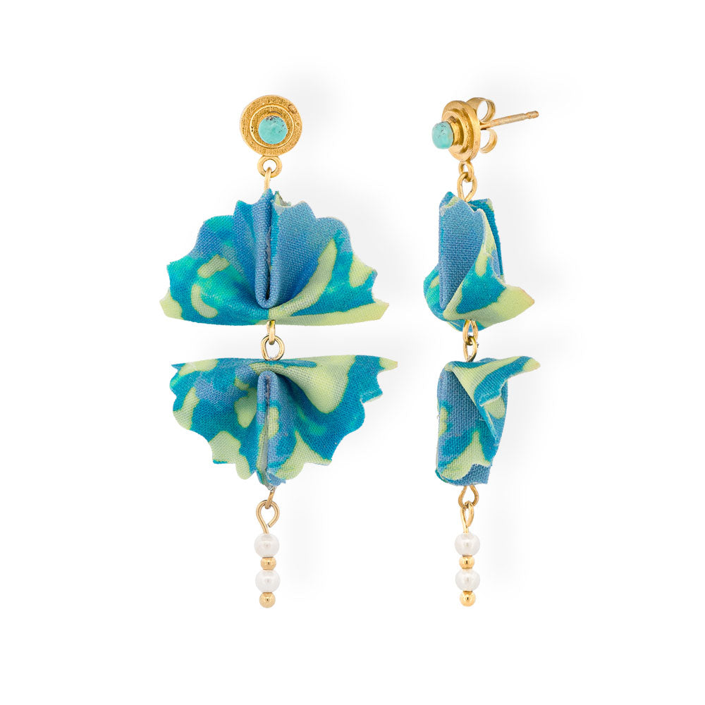 Origami Earrings Blue Green Double Fans With Turquoise & Pearls