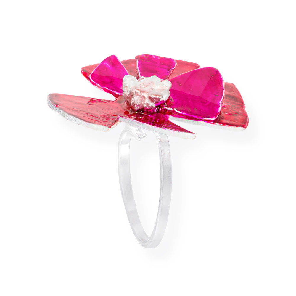 Handmade Silver Red Fuchsia Flower Ring - Anthos Crafts