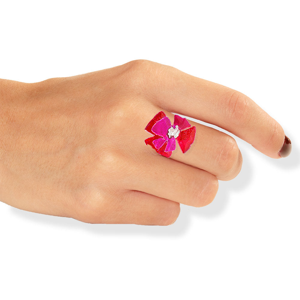 Handmade Silver Red Fuchsia Flower Ring - Anthos Crafts