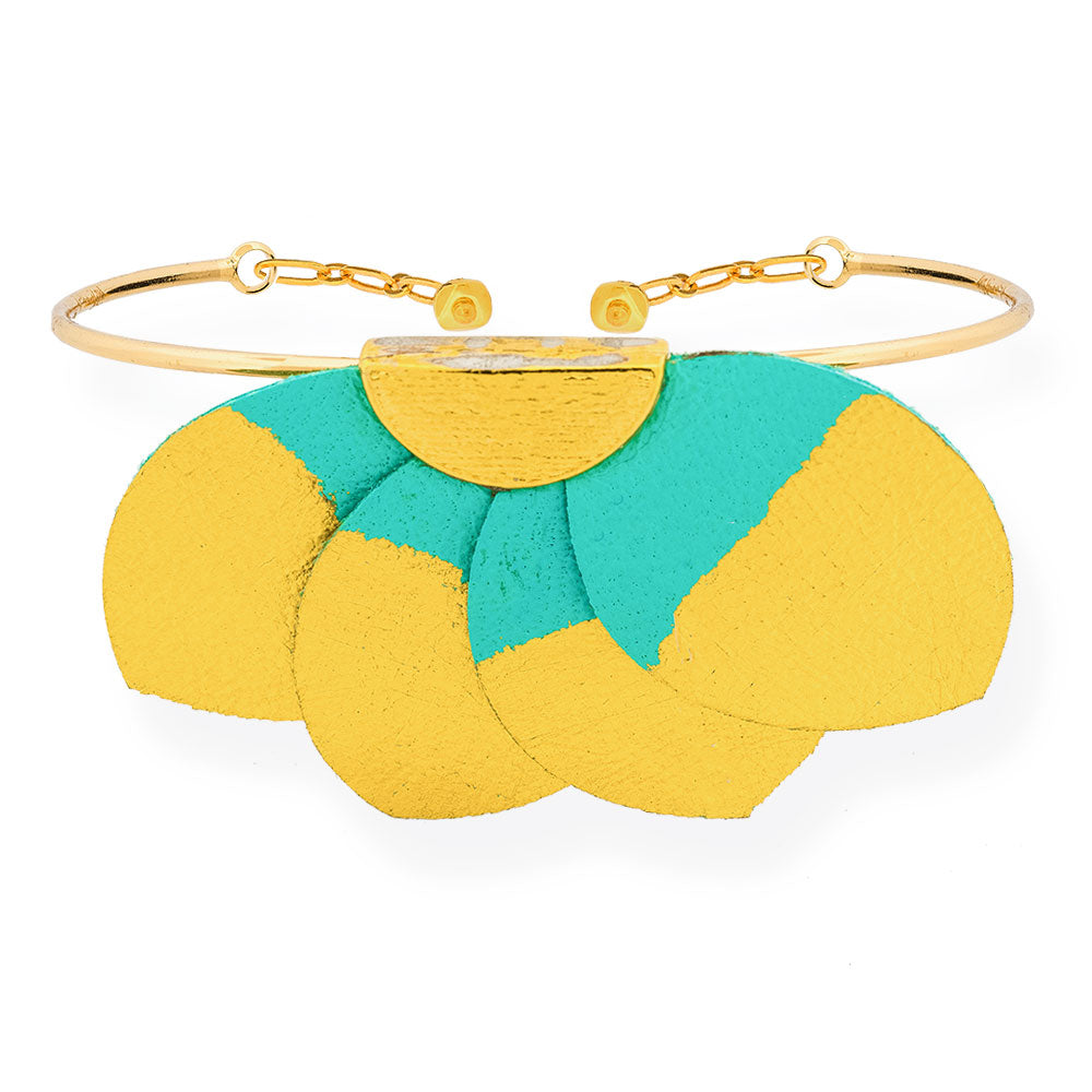 Handmade Leather Turquoise Gold Plumeria Bracelet - Anthos Crafts