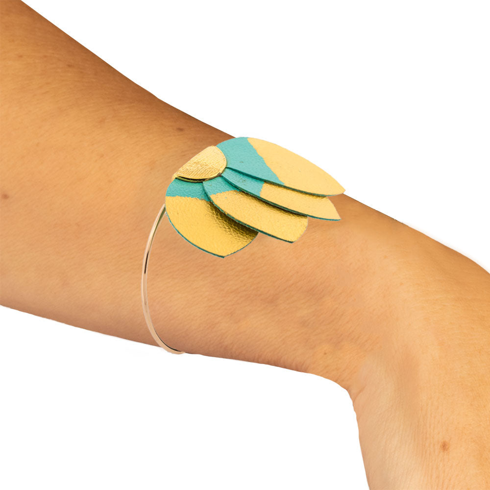 Handmade Leather Turquoise Gold Plumeria Bracelet - Anthos Crafts