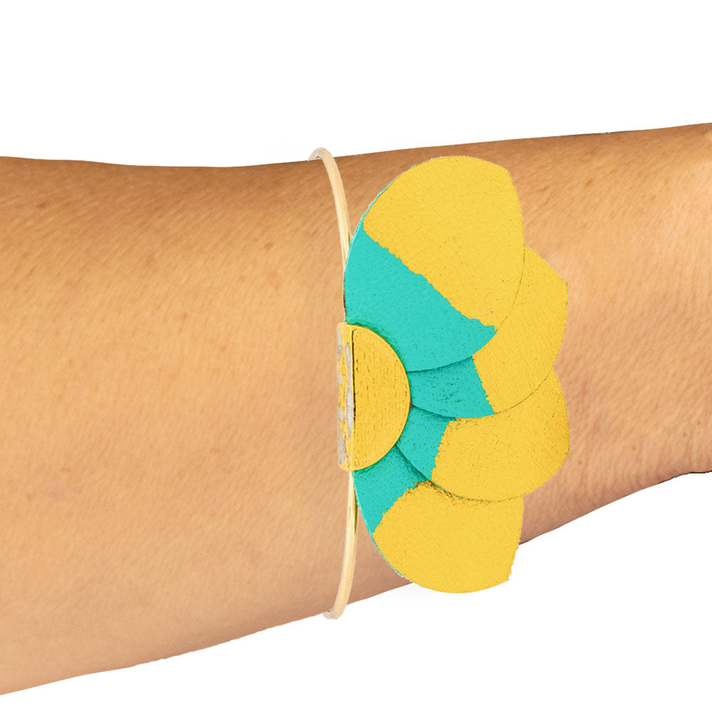 Handmade Leather Turquoise Gold Plumeria Bracelet - Anthos Crafts