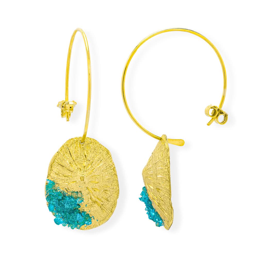 Handmade Hoop Earrings Limpets With Turquoise Crystals - Anthos Crafts