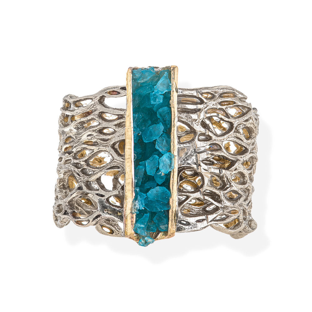 Handmade Diamond Curved Silver Plated Ring With Turquoise Crystals - Anthos Crafts